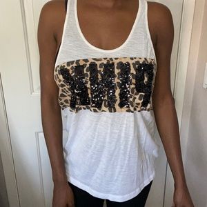 Victoria Secret PINK Cheetah Black Glitter Razorback White Tank Top